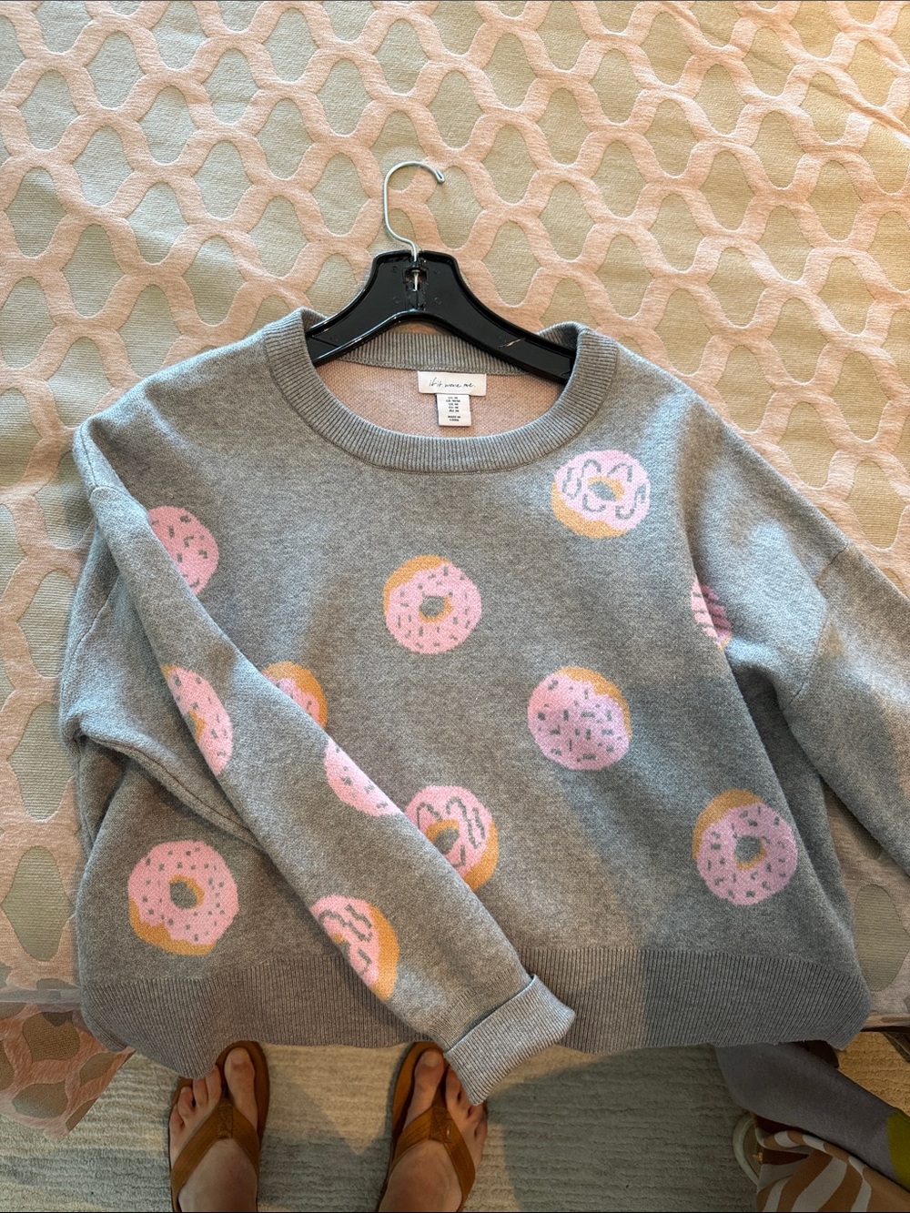 if it were me Gray Crewneck Sweater with Pink and Yellow Donut Motif